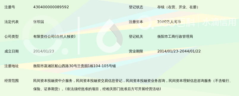 衡阳中银汇金民间资本投融资中介服务有限公司