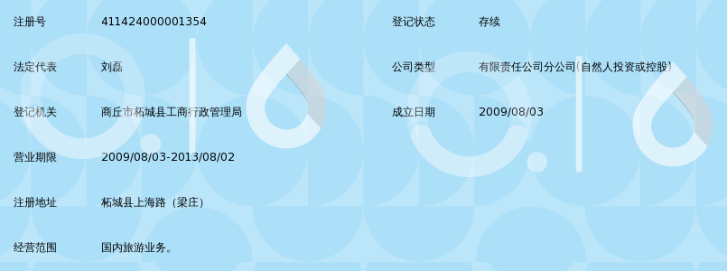 商丘市花木兰旅行社有限公司柘城分公司